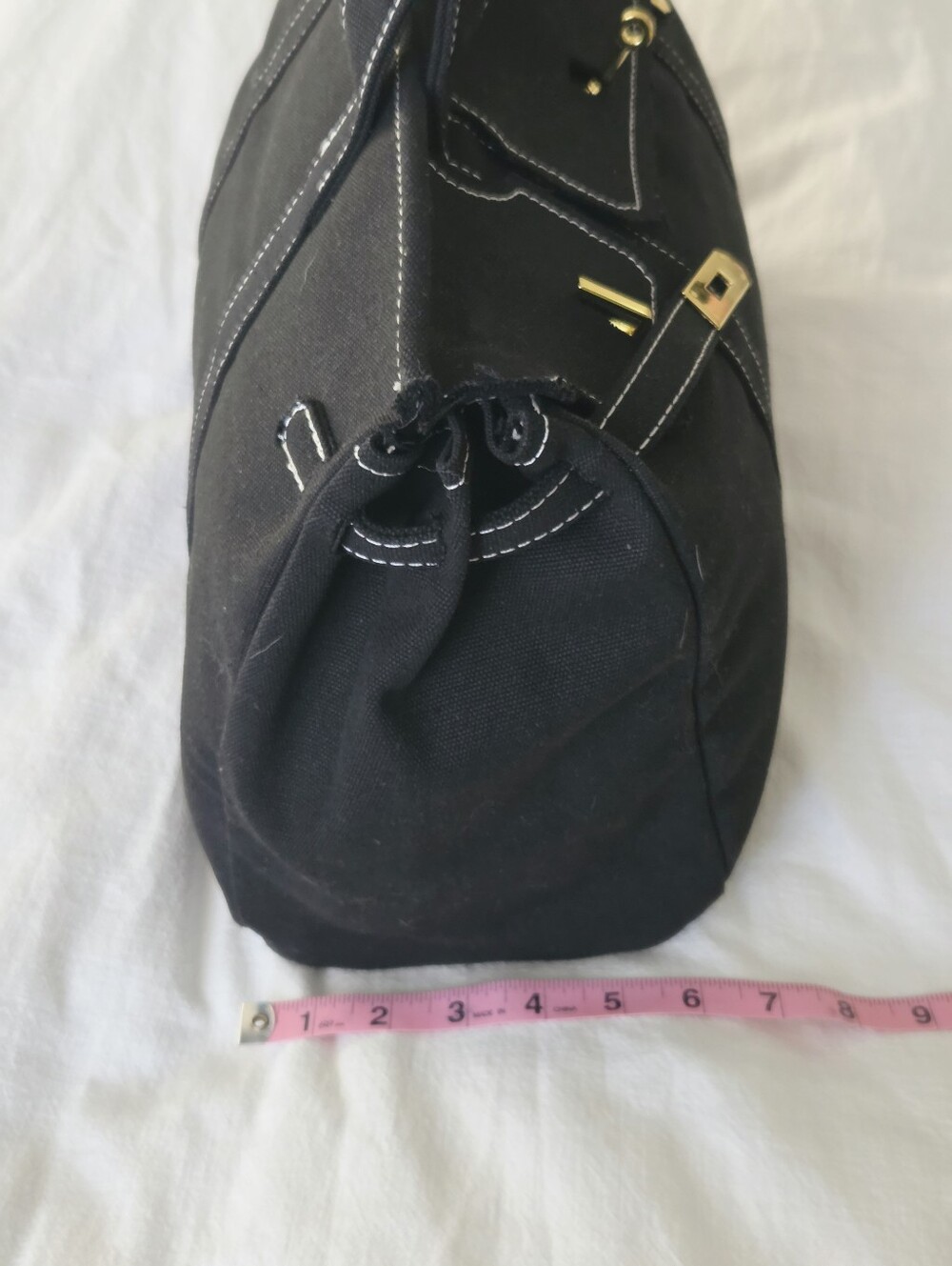 Black Canvas Boatkin Tote With White Stitching And Gold Hardware - Picture 10 of 16